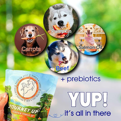 HappyTails Journey Up, Pumpkin Power Up Jerky Treats for Dogs with Beef, Pumpkin &amp; Carrots-Made in USA-Prebiotics for Gut &amp; Immune Health, Omega 3 &amp; 6 for Skin &amp; Coat, Small-Large Dogs, 6 oz.