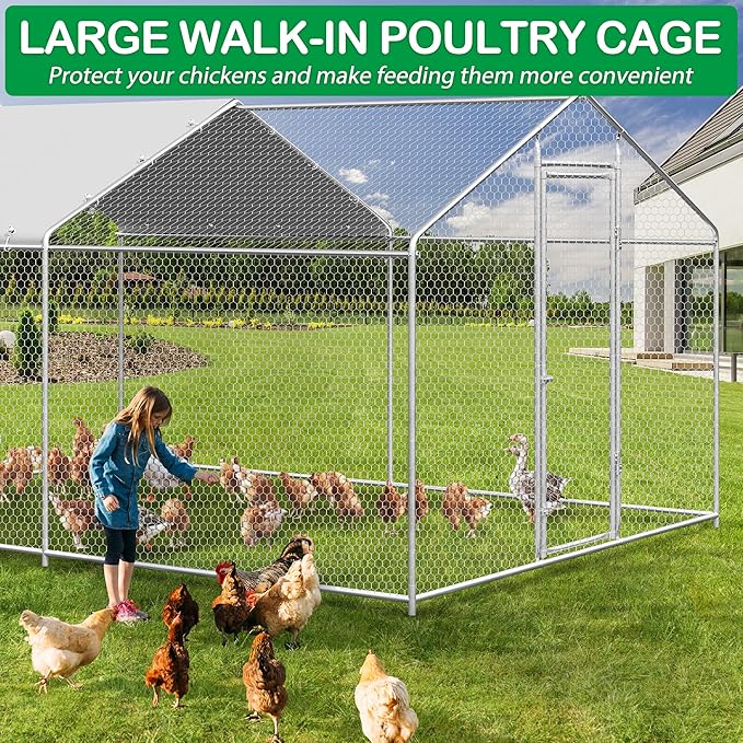 Large Metal Chicken Coop, Walk-in Chicken Run Pen with Waterproof Cover, Spire Roof Poultry Cage Run for Outdoors, Backyard, Farm(9.7&