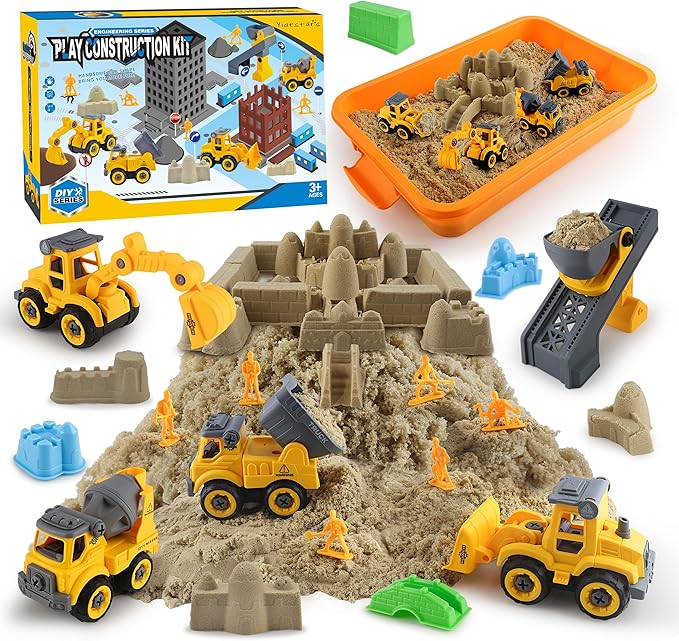 Construction Sandbox with Lid - 4 Vehicles with 1 Conveyor, 8 Castle Molds, 6 Figures &amp; 3lbs Moldable Sand - Preschool Sensory Bin for Fine Motor Skills, Ages 3-6