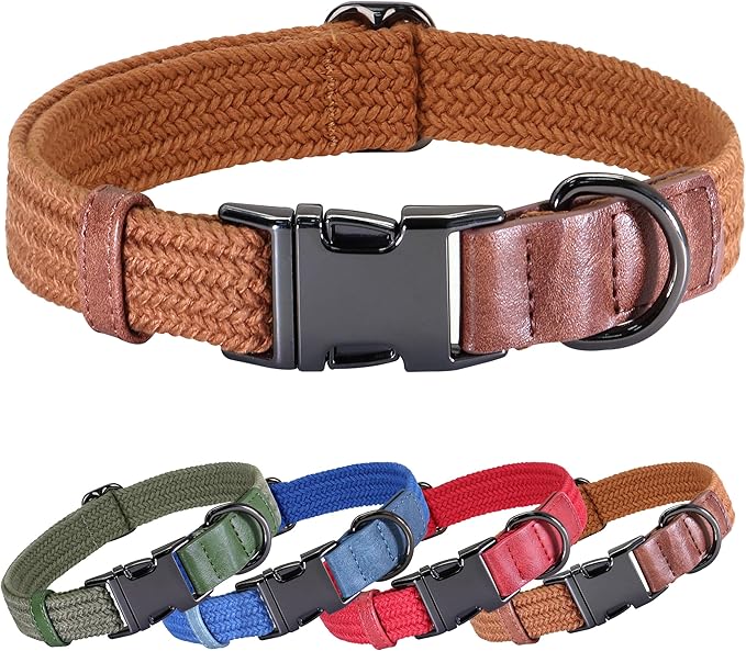 PET ARTIST Soft Cotton Dog Collars for Large Dogs in Rustic Brown, Simple Dog Collar with Quick Release Metal Buckle &amp; D Ring, L Size (15-23")