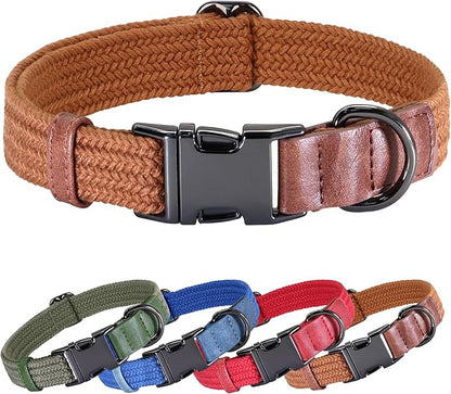 PET ARTIST Soft Cotton Dog Collars for Large Dogs in Rustic Brown, Simple Dog Collar with Quick Release Metal Buckle &amp; D Ring, L Size (15-23")