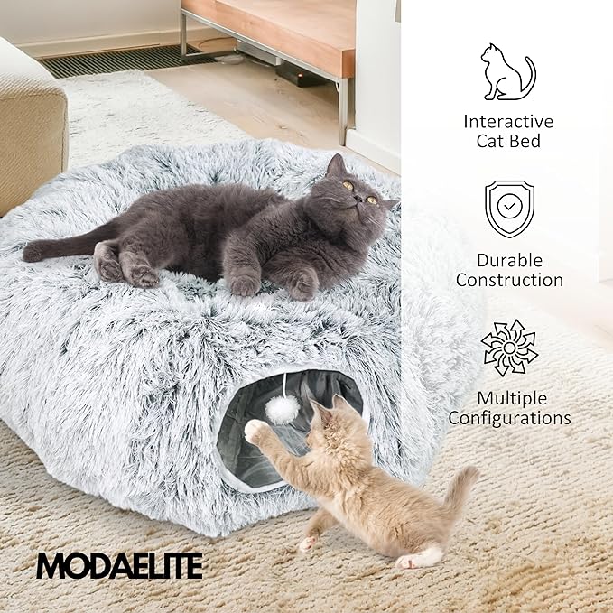 Cat Donut Bed with Washable Cushion – Cat Caves for Indoor Cats – Collapsible Donut Bed with Peekaboo Pet Tunnel &amp; Tunnel Toy – Cozy Hideout for Kittens, Ferrets, Rabbits &amp; Dogs – Grey