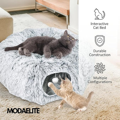Cat Donut Bed with Washable Cushion – Cat Caves for Indoor Cats – Collapsible Donut Bed with Peekaboo Pet Tunnel &amp; Tunnel Toy – Cozy Hideout for Kittens, Ferrets, Rabbits &amp; Dogs – Grey