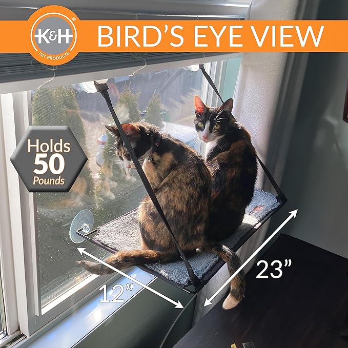K&amp;H Pet Products EZ Mount Cat Window Perch for Large Cats, Sturdy Kitty Sill Window Hammock Bed, Steel Frame, Sturdy Suction Cups, Washable Shelf Cover, Foldable - Fits 27"W X 23"H Glass Spaces