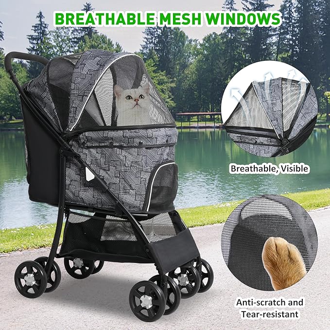 Lightweight Pet Stroller for Small/Medium Dogs and Cats - Foldable Travel Carriage with Storage Basket, Breathable Mesh &amp; 4 Wheels - Up to 33 lbs – Black