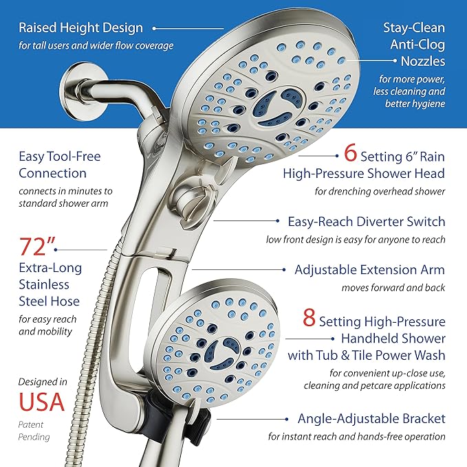 Hotel Spa AquaCare for California As-Seen-On-TV High Pressure Handheld Rain 50-mode 3-way Shower Head Combo with Adjustable Arm, Anti-clog Jets, Tub &amp; Pet Power Wash, 6 ft. Hose, Nickel Finish