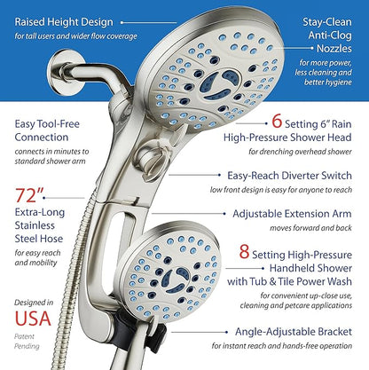 Hotel Spa AquaCare for California As-Seen-On-TV High Pressure Handheld Rain 50-mode 3-way Shower Head Combo with Adjustable Arm, Anti-clog Jets, Tub &amp; Pet Power Wash, 6 ft. Hose, Nickel Finish