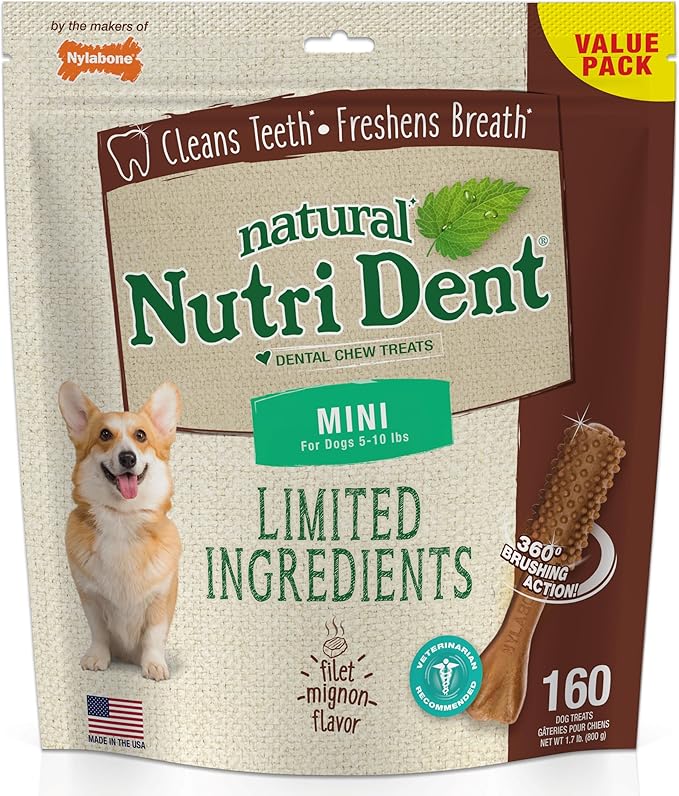 Nylabone Nutri Dent Dog Dental Chews - Natural Dog Teeth Cleaning &amp; Breath Freshener - Dental Treats for Dogs - Filet Mignon Flavor, Mini (160 Count)