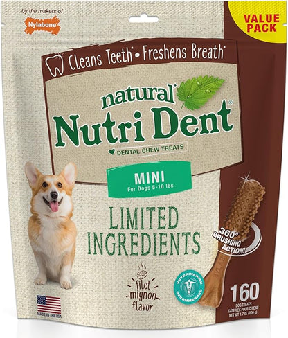 Nylabone Nutri Dent Dog Dental Chews - Natural Dog Teeth Cleaning &amp; Breath Freshener - Dental Treats for Dogs - Filet Mignon Flavor, Mini (160 Count)