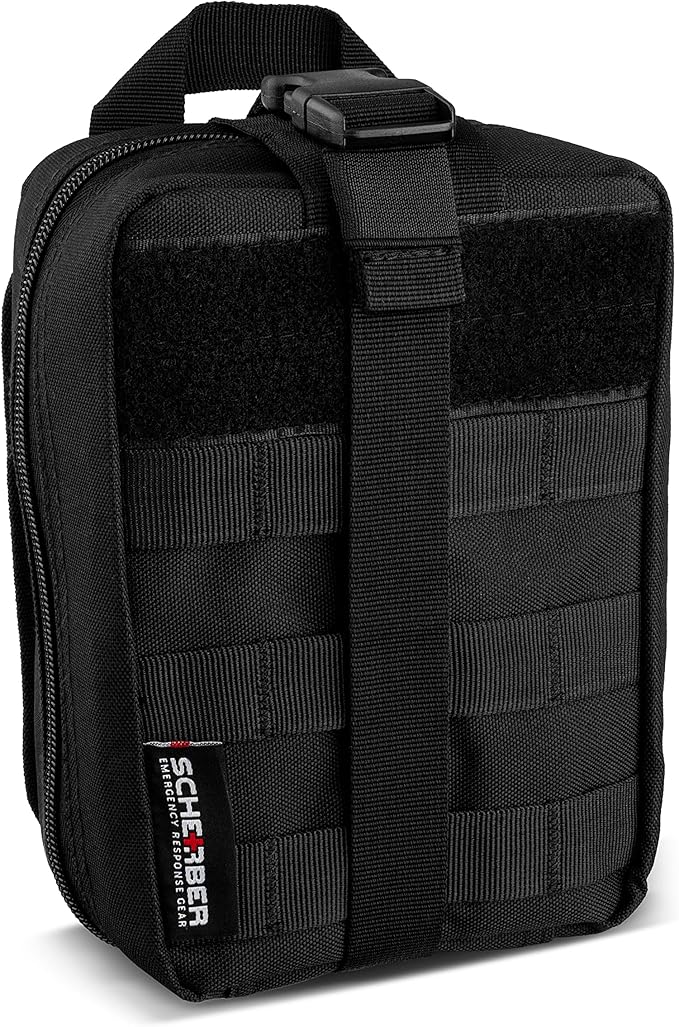Scherber Premium IFAK Kit Trauma Pack | HSA/FSA Approved | Fully Stocked MOLLE Pouch w/CAT Tourniquet, HyFin Chest Seal, &amp; Israeli Bandage | Trauma Kit for Gunshot, Bleeding, Major Wound Care (Black)