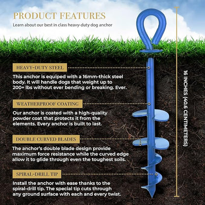 ROYAL-PAW Dog Tie Out Stake - for Large Dogs up to 210 lbs - Heavy Duty Dog Stake for Yard, Beach &amp; Camping Outside - Best in Ground Anchor for a Dog Cable, Leash, Lead Tether (1, Blue)