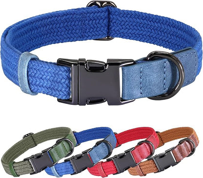 PET ARTIST Soft Cotton Dog Collars for Medium Dogs in Tranquil Blue, Simple Dog Collar with Quick Release Metal Buckle &amp; D Ring, M Size (13-21")