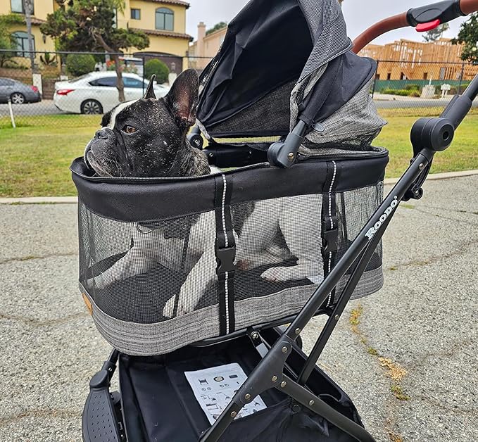 ROODO Fashion 3-in-1 Dog Cat Stroller with Detachable Carrier&amp;Car Seat Combo Best Lightweight Folding Portable All-Terrain Travel Pet Gear Puppy Doggie Kitty Stroller for up to 30 lbs(Grey Lattice)