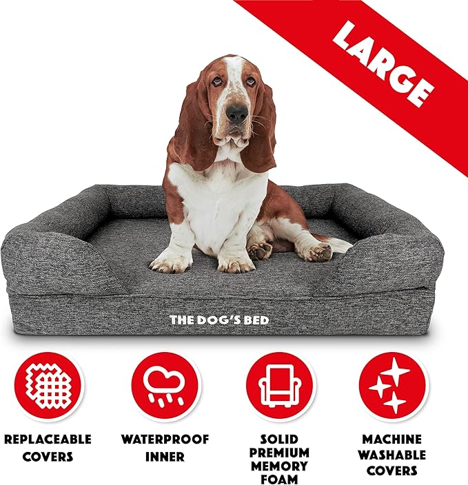 The Dog’s Bed, Large Grey Linen 36x27, Memory Foam, Pain Relief: Arthritis, Hip &amp; Elbow Dysplasia, Post Surgery, Lameness, Supportive, Calming, Waterproof Washable Cover, Veterinary Approved