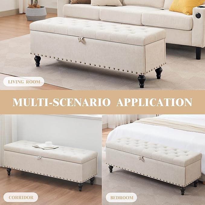 Mangodan51” Linen End of Bed Storage Bench, Tufetd Upholstered Storage Ottoman Bench with Safety Hinge, 330 lb Large Ottoman with Storages for Living Room, Entryway &amp; Bedroom, Window Benches, Beige