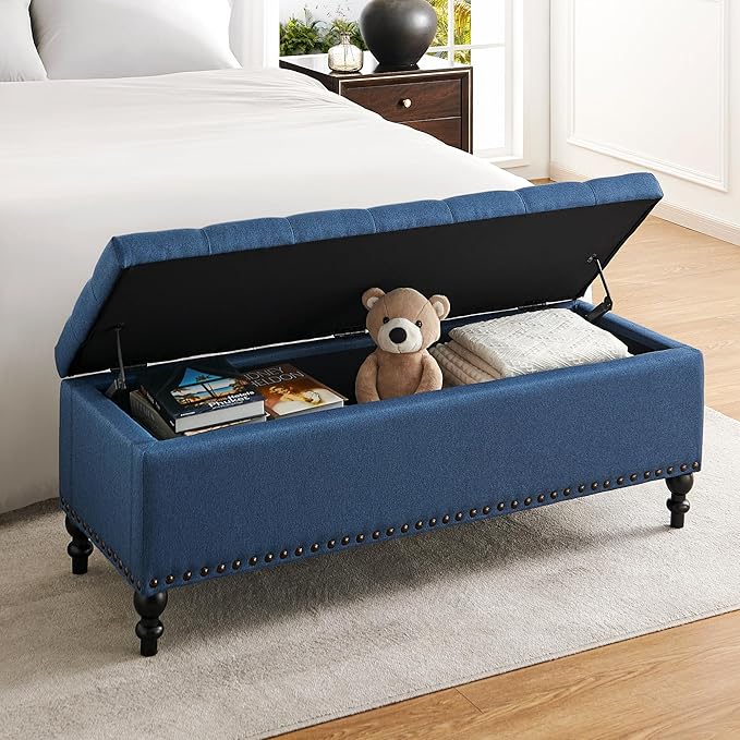 Ottoman with Storage,50.2-inch Upholstered End of Bed Storage Bench for Bedroom,for The Living Room,for Entryway, with Rivets &amp; Button and Safety Hinges,Detachable (Blue)