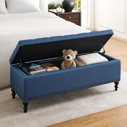 Ottoman with Storage,50.2-inch Upholstered End of Bed Storage Bench for Bedroom,for The Living Room,for Entryway, with Rivets &amp; Button and Safety Hinges,Detachable (Blue)