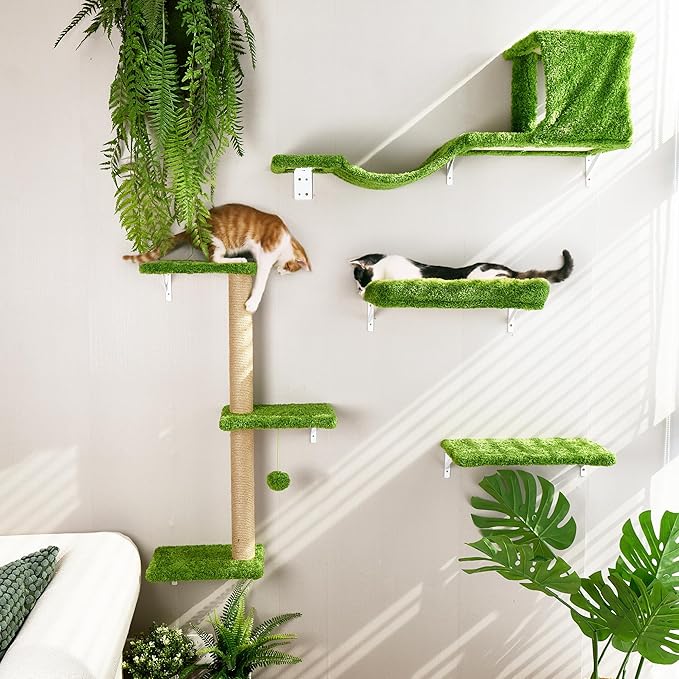 FUKUMARU Cat Wall Shelves, Stable &amp; Safe 4 in 1 Cat Furniture Set, Wooden Climbing Wall with Scratching Post, Bridge and Bed, Stylish Jungle Gym for 16 Inch Drywall - Green
