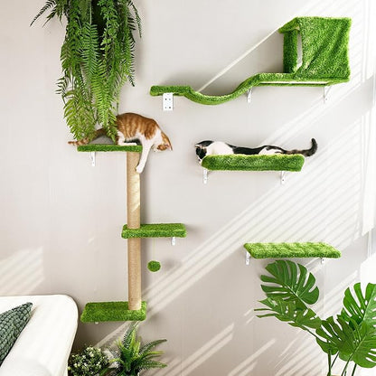 FUKUMARU Cat Wall Shelves, Stable &amp; Safe 4 in 1 Cat Furniture Set, Wooden Climbing Wall with Scratching Post, Bridge and Bed, Stylish Jungle Gym for 16 Inch Drywall - Green