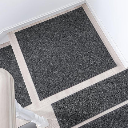 COSY HOMEER Edging Stair Treads Non-Slip Corner Indoor Stair Runners for Wooden Steps,Landing Slip Resistant Stair Rugs Mat for Kids and Dogs,100% Polyester TPE Backing,Black,30x30 inch