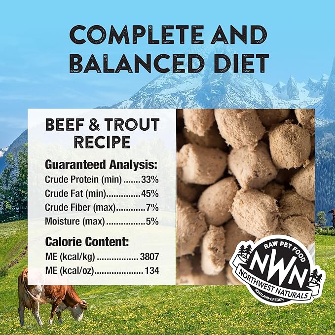 Northwest Naturals Freeze-Dried Beef &amp; Trout Cat &amp; Kitten Food, Bite-Sized Nibbles, Healthy, Limited, Human-Grade Ingredients, All-Natural, High-Protein Raw Diet, Complete &amp; Balanced, Grain-Free 11 oz