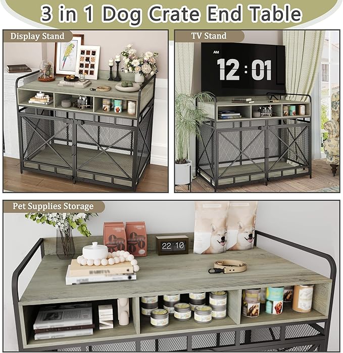 Dog Crate Furniture, 48" Heavy Duty Wooden Dog Crate End Table, XL Dog Kennel Furniture Large Breed, Decorative Dog Kennel Indoor with 3 Drawers &amp; Steel Tubes 48" L x28 W x38 H (Grey)