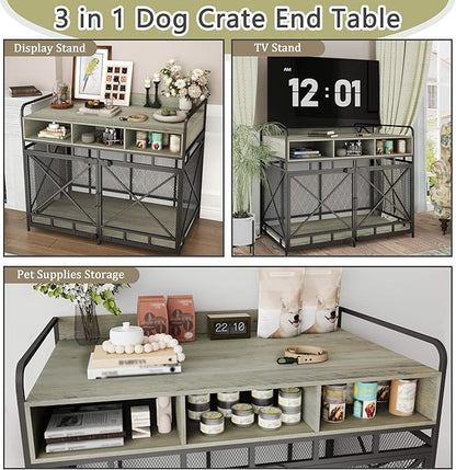 Dog Crate Furniture, 48" Heavy Duty Wooden Dog Crate End Table, XL Dog Kennel Furniture Large Breed, Decorative Dog Kennel Indoor with 3 Drawers &amp; Steel Tubes 48" L x28 W x38 H (Grey)
