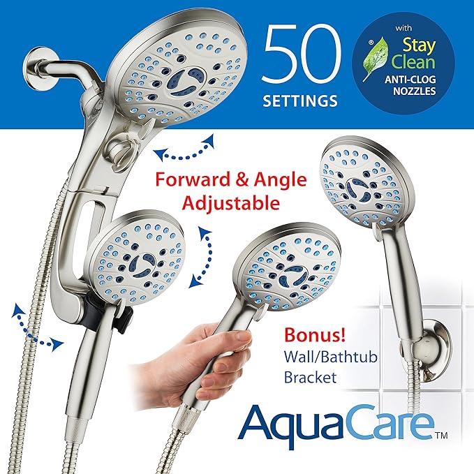 Hotel Spa AquaCare As-Seen-On-TV High Pressure Handheld/Rain 50-mode 3-way Shower Head Combo with Adjustable Arm - Anti-clog Nozzles, Tub &amp; Pet Power Wash, 6 ft. Stainless Steel Hose, Nickel Finish
