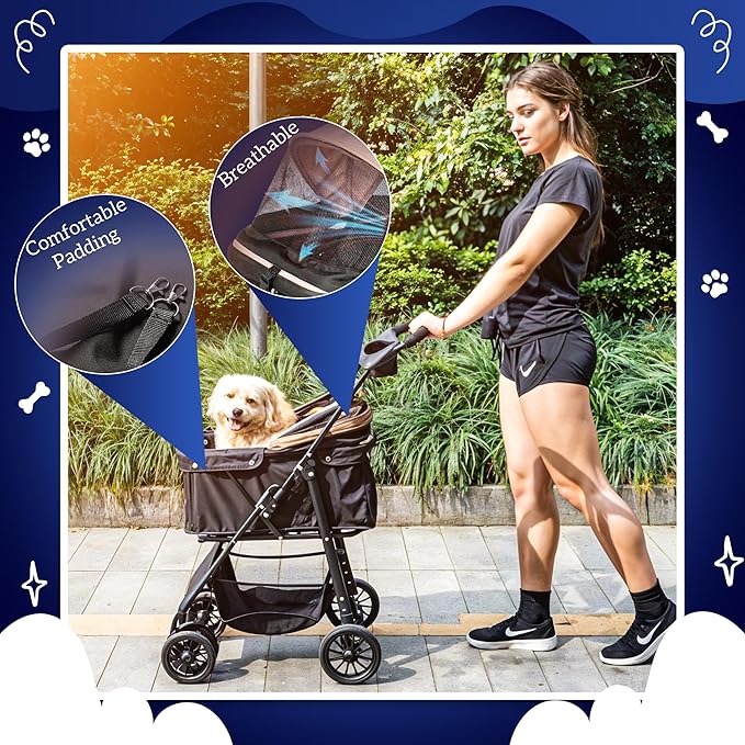 Pet Stroller with 4 Rolling Casters for Pets – Lightweight Multifunctional Travel Stroller with Mesh Windows, Cup Holder, Sun Shades &amp; Storage Pocket for Puppy and Kitty