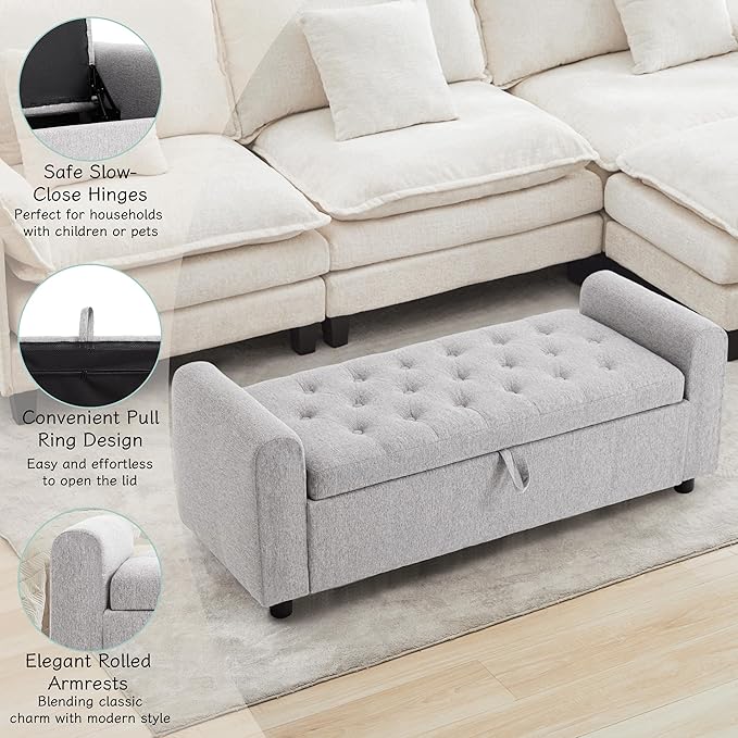 Ottoman with Storage, Tufted Storage Bench for Bedroom, 48" Fabrics End of Bed Bench, Upholstered Entryway Shoe Benches with Rolled Arm &amp; Inner Zipper, Window Ottomans Chest without Rivets, Light Grey