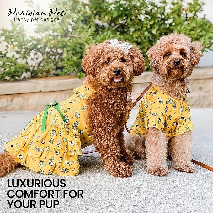 Parisian Pet Cactus Cap Beach Outfit - 100% Cotton Summer Clothes - Stylish Dog Costume - Breathable &amp; Cool - Machine Washable - Medium Dog Shirts