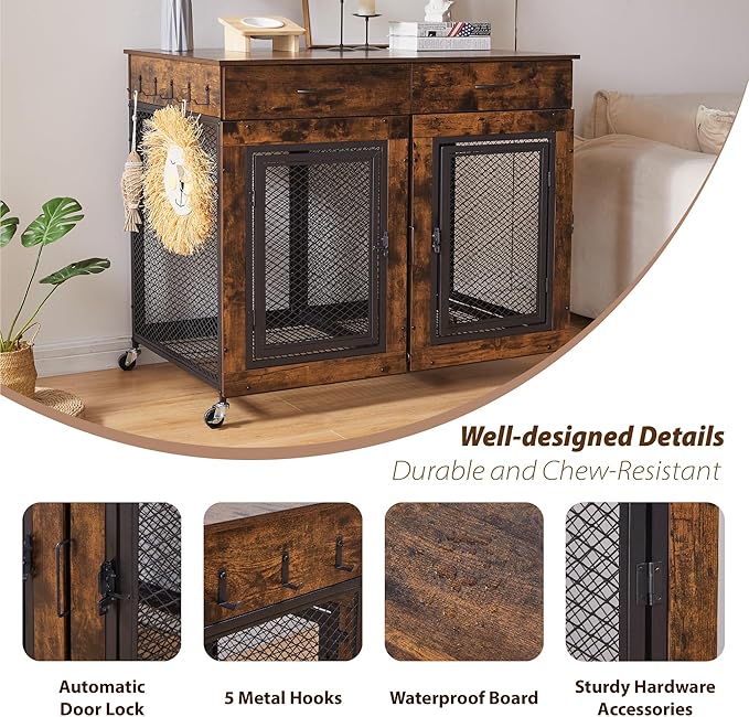43" Large Dog Crate Furniture, Wood Dog Kennel End Table with Drawers, Decorative Pet Crate with Removable Partitions &amp; Wheels, Dog House Indoor for Large/Medium/Small Dogs