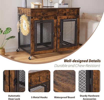 43" Large Dog Crate Furniture, Wood Dog Kennel End Table with Drawers, Decorative Pet Crate with Removable Partitions &amp; Wheels, Dog House Indoor for Large/Medium/Small Dogs