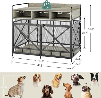 Dog Crate Furniture, 43" Heavy Duty Wooden Dog Crate End Table, XL Dog Kennel Furniture Large Breed, Decorative Dog Kennel Indoor with 3 Drawers &amp; Steel Tubes 43" L x28 W x36 H (Grey)