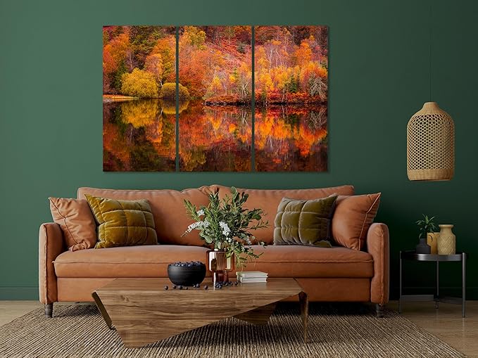 Nature Wall Art Prints - Ocean Forest Mountain Lake Canvas Landscapes - Small to Extra Large Living Room Bedroom Kitchen Bathroom Décor (Autumn Forest with Lake, 39L" x 59W" - 3 Panels)