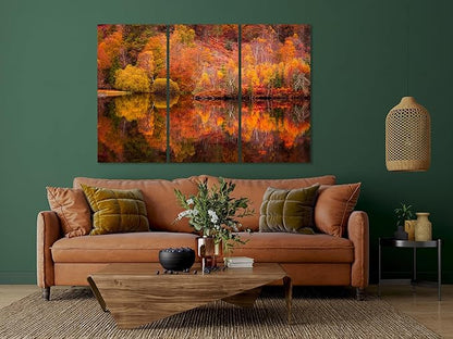 Nature Wall Art Prints - Ocean Forest Mountain Lake Canvas Landscapes - Small to Extra Large Living Room Bedroom Kitchen Bathroom Décor (Autumn Forest with Lake, 55L" x 83W"- 3 Panels)