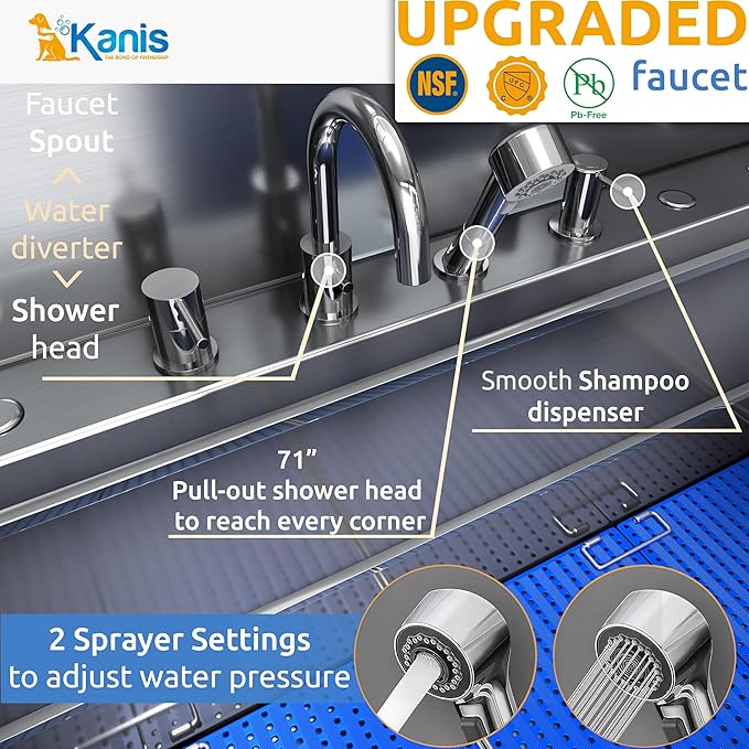 KANIS Professional Dog Washing Station - 304 Stainless Steel Pet Wash Sink &amp; Grooming Bath Tub for Home with Ramp, Shower, Floor Grate, Storage Shelf, Faucet, Drain Kit for Large, Medium &amp; Small Pets