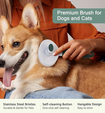 Pet Self-Cleaning Slicker Brush for Dogs &amp; Cats, Deshedding Grooming Comb, Removes Loose Undercoat Hair &amp; Mats, Skin-Friendly Massaging Tool for Long/Short Fur, Large &amp; Small Breeds (Green)