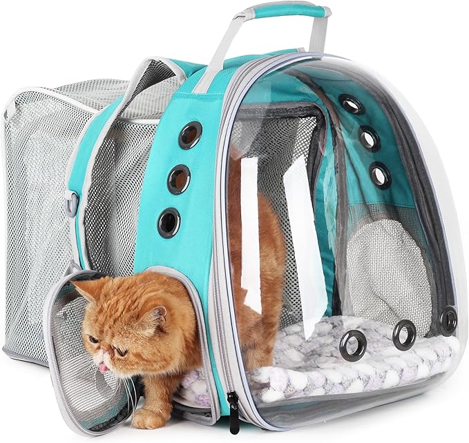 Lollimeow Cat Carrier Backpack, Bubble Expandable Backpack Carrier, Pets and Small Dogs,Airline-Approved, Designed for Travel, Hiking, Walking &amp; Outdoor Use (Square Back Expandable-Green)