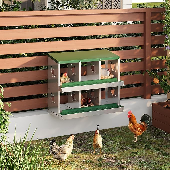 6 Hole Chicken Nesting Box with Roll Out Egg Tray, Rustproof &amp; Ventilated Chicken Laying Boxes for Hens, Chickens, Ducks | Easy-Clean Poultry Coop Accessories