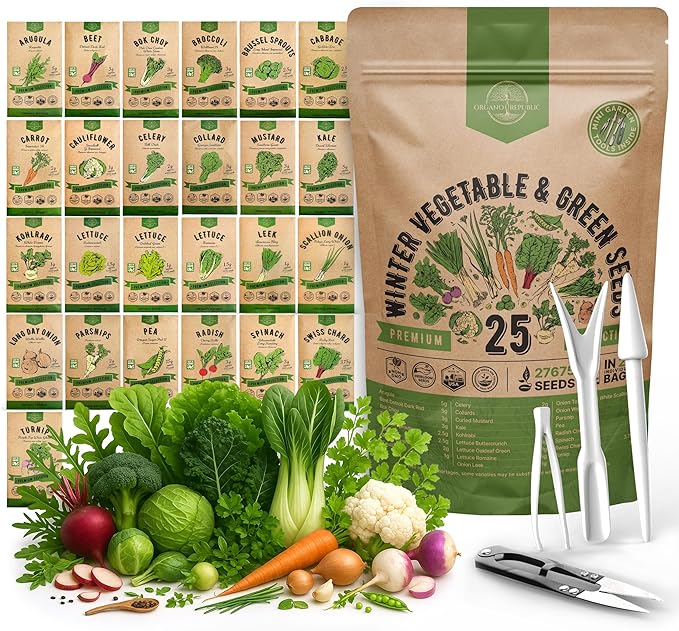 Organo Republic 25 Winter Vegetable &amp; Green Seeds Variety Pack for Outdoors &amp; Indoor Home Gardening 27670+ Non-GMO Heirloom Seeds: Broccoli Beet Carrot Collard Lettuce Radish Spinach Pea Kohlrabi