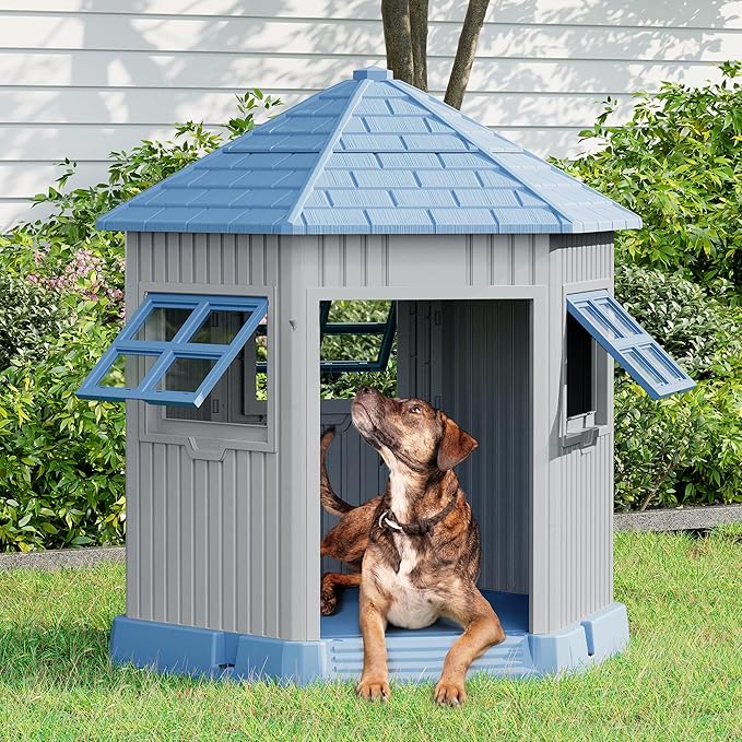 Durable Dog House Indoor Outdoor for Small Medium Dogs, Weatherproof Puppy Shelter with Elevated Floor &amp; Air Vents, Easy Clean and Assemble (Blue, 36.61L*29.5W*37.4H)
