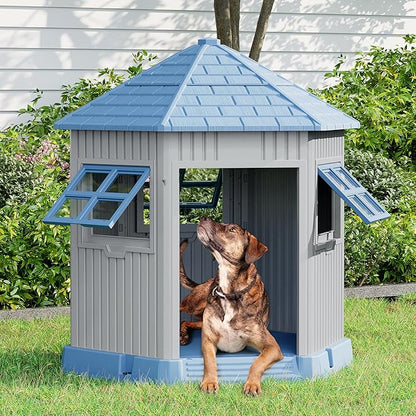 Durable Dog House Indoor Outdoor for Small Medium Dogs, Weatherproof Puppy Shelter with Elevated Floor &amp; Air Vents, Easy Clean and Assemble (Blue, 36.61L*29.5W*37.4H)