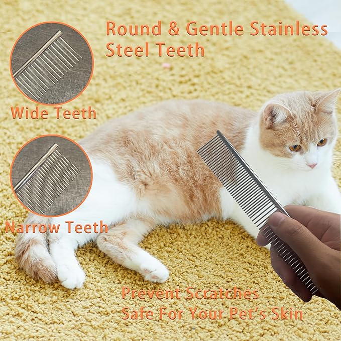 Cat Grooming Brush Kit 6 Tools - Deshedding &amp; Dematting for Long/Short Hair, Self-Cleaning Slicker Brush with 6-in-1 Flea Comb for Cats &amp; Kittens (Orange)
