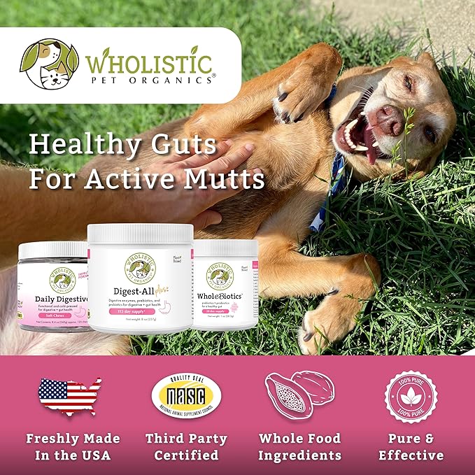 Wholistic Pet Organics Probiotics for Dogs with Digestive Enzymes &amp; Prebiotic Fiber - 2 Oz - Daily Cat &amp; Dog Probiotics for Digestive Health, Anti Diarrhea &amp; Gut Support - Natural Powder Supplement