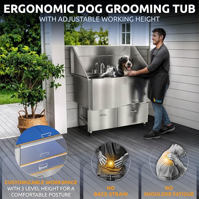 KANIS Professional Dog Washing Station - 304 Stainless Steel Pet Wash Sink &amp; Grooming Bath Tub for Home with Ramp, Shower, Floor Grate, Storage Drawers, and Faucet for Large, Medium &amp; Small Pets