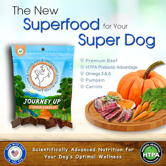 HappyTails Journey Up, Pumpkin Power Up Jerky Treats for Dogs with Beef, Pumpkin &amp; Carrots-Made in USA-Prebiotics for Gut &amp; Immune Health, Omega 3 &amp; 6 for Skin &amp; Coat, Small-Large Dogs, 6 oz.