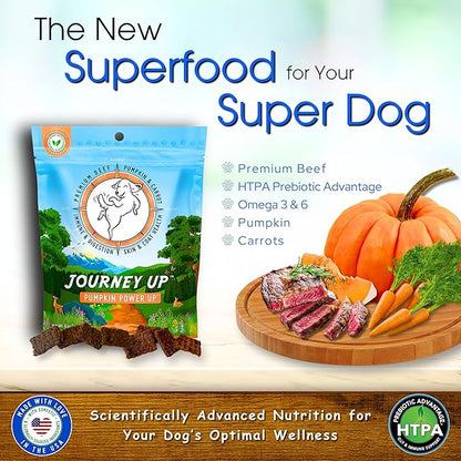 HappyTails Journey Up, Pumpkin Power Up Jerky Treats for Dogs with Beef, Pumpkin &amp; Carrots-Made in USA-Prebiotics for Gut &amp; Immune Health, Omega 3 &amp; 6 for Skin &amp; Coat, Small-Large Dogs, 6 oz.