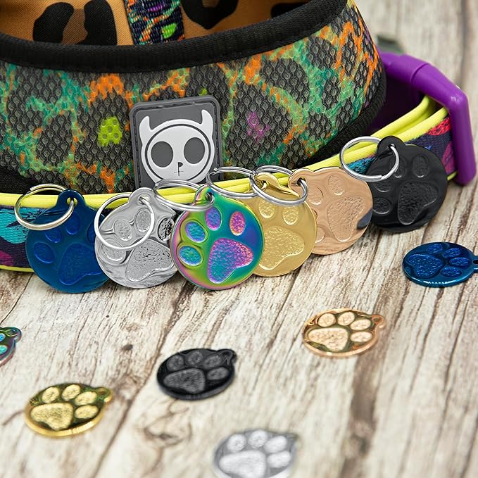 Engraved Pet Tag for Dogs and Cats - Personalized Front &amp; Back up to 4 Lines of Text Custom Engraved ID, Round Paw Print Solid Plating Stainless Steel Black Small