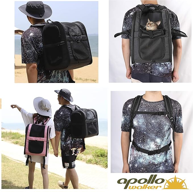 Apollo Walker Dog &amp; Cat Carrier Backpack for 4-15lb Pets - Ventilated Safe Design with Padded Back Support, Breathable Mesh Pet Backpack for Hiking, Travel, Outdoor (Black)